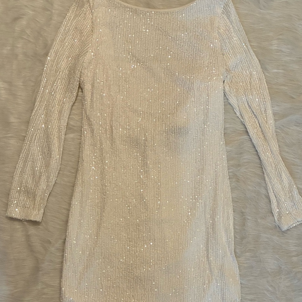 B Darlin Sparkling Cream Long Sleeve Dress
